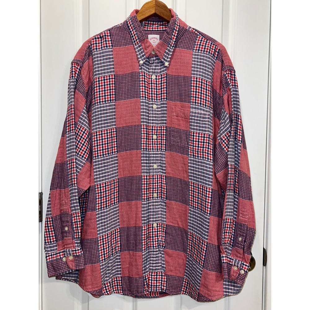 Brooks Brothers XXL Patchwork Button Down Shirt Red Blue White Long Sleeve